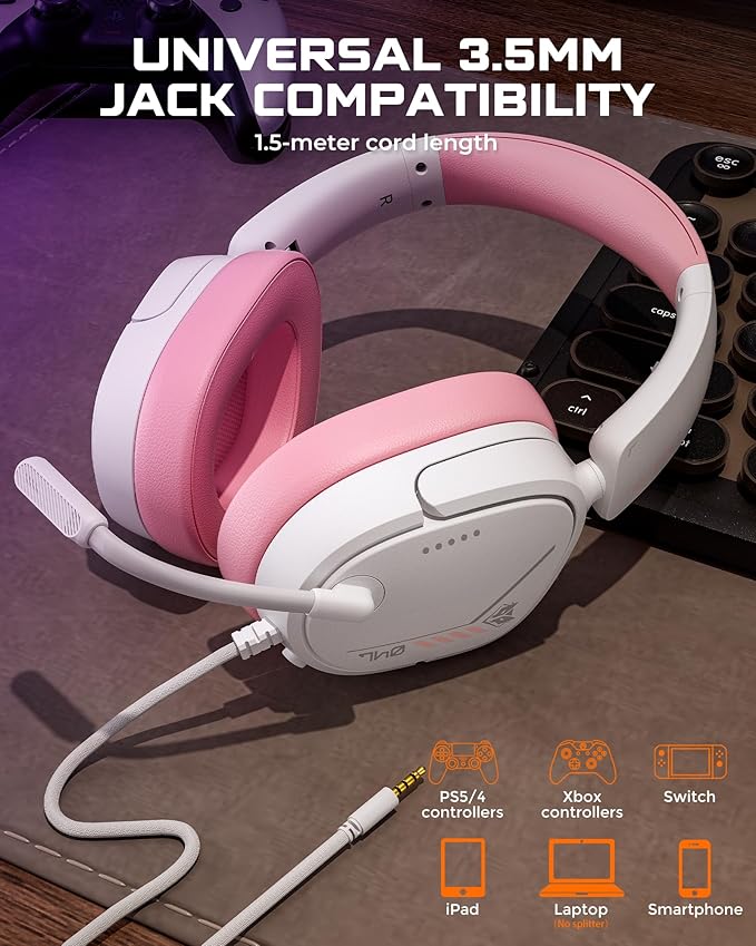 NUBWO HG04L Gaming Headset for PS5/PS4, Xbox Series X|S/Xbox One, Switch – 250g Lightweight, Clear Unidirectional Mic, Soft Memory Earmuffs, 3.5mm Jack for Gaming & Work - Pink