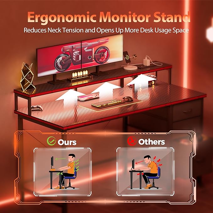 Mericonia Computer Desk 55 inch with Power Outlets & LED Lights, Gaming Desk with 3 Drawers for Home Office, Small Desk with Monitor Stand for Small Spaces, Study Writing Desk