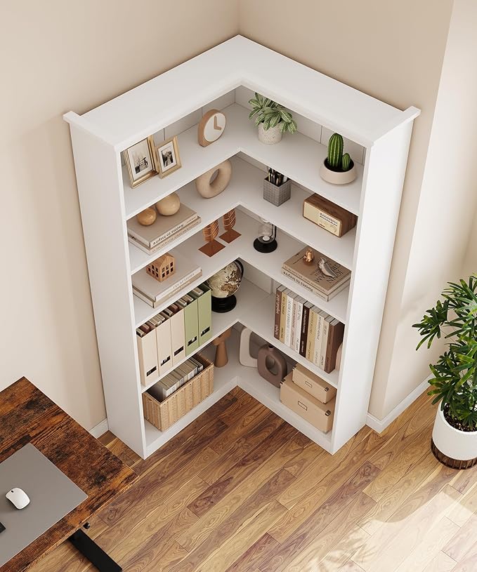 IDEALHOUSE Corner Bookshelf 72.8in Farmhouse Bookcase Large Bookshelves Wood Bookcase Tall 5 Tier Corner Shelf L Shaped Bookshelf Storage Display Rack Living Room Bedroom (White, Full Panel)
