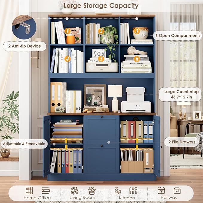 HIFIT 72'' Tall File Bookcase with Power Outlet & Printer Stand, 2 Drawer Filing Cabinets for Home Office Fit Hanging A4/Letter File, Storage Cabinet w/ 3 Tier Book Shelf & Doors for Living Room, Blue