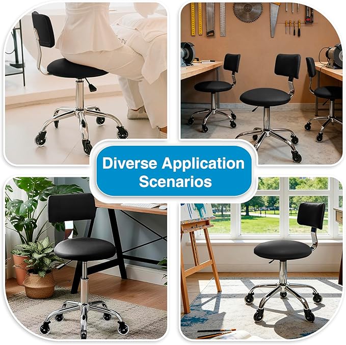 Rolling Stool Chair with Wheels, Office Drafting Chair with Back Support, Height Adjustable Standing Desk Stool with PU Leather Cushion for Home Office Kitchen Vanity Spa Garage Tattoo Dentist(Black)