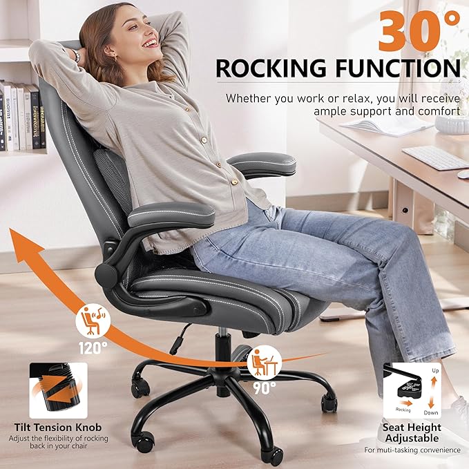 BESTFAIR Office Chair, Executive Computer Desk Chair with Lumbar Support for Lower Back Pain Relief, Ergonomic Leather Home Chair Comfy with Padded Flip-up Arms and Adjustable Armrests, Gray