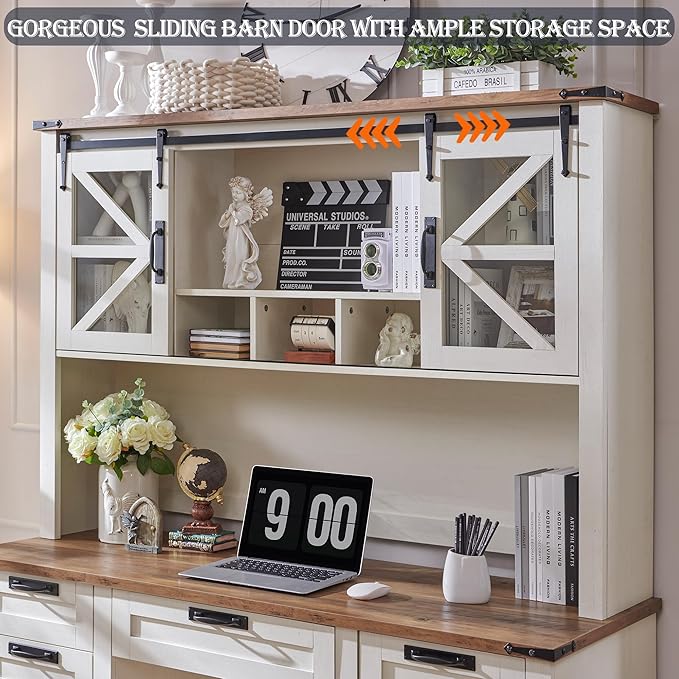 RedLemon 42" Farmhouse Desk Hutch with Sliding Barn Door and Ample Storage/Display Space, Only Match Farmhouse Desk (Antique White)