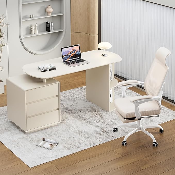 Qulomvs Home Office Desk and Chair Set, Home Office Furniture Sets, Computer Desk with Drawers & Shelves, Ergonomic Office Chair with Footrest Mesh Home Office Desk Chair