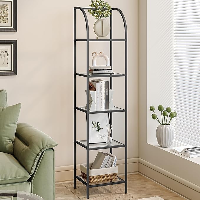 Hzuaneri Bookcase Bookshelf, Tempered Glass Arched Bookshelf for More Storage, Slim Shelving Unit for Bedroom, Bathroom, Home Office, Steel Frame, 5 Tier Black BC20599B