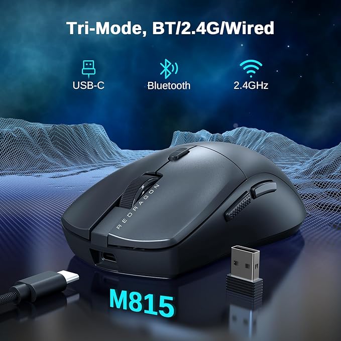 Redragon 3-Mode Wireless Gaming Mouse, Ultra-Light 26K DPI Gaming Mouse, Full Programmable Buttons, Software Supports DIY Keybinds & Adjustable DPI, M815PRO