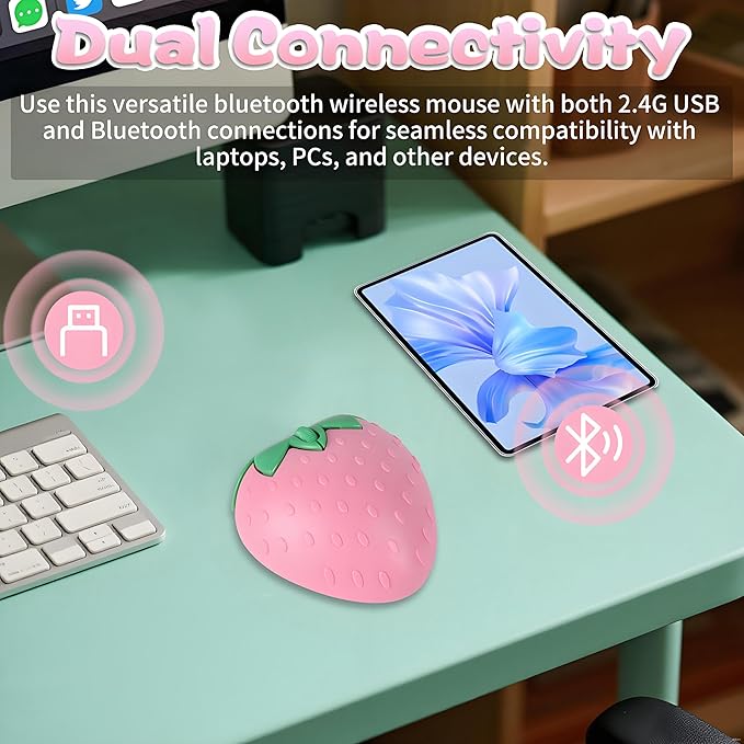 Cute Strawberry Wireless Mouse - 2.4G & Bluetooth Dual-Mode, Ergonomic Design for Laptop/PC - Perfect for Students & Gamers, Comfortable Grip & Plug-and-Play (Pink)