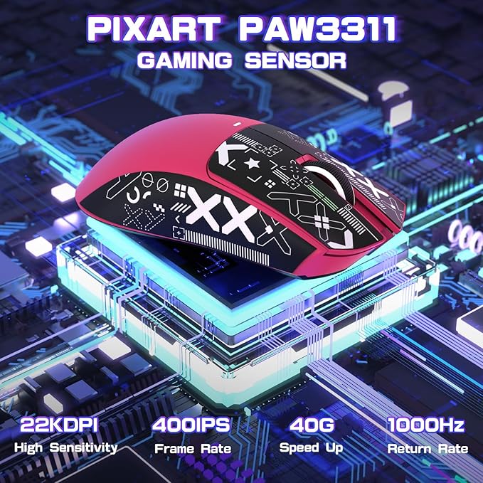 ATTACK SHARK X11SE Wireless Esports Gaming Mouse,Tri-Modes BT5.2/Type-C Wired/2.4G,PixArt PAW3311 Gaming Sensor,22K DPI,59g,5 Programmable Buttons for Laptop,PC,Mac Gamer(Berry Red&Sticker)