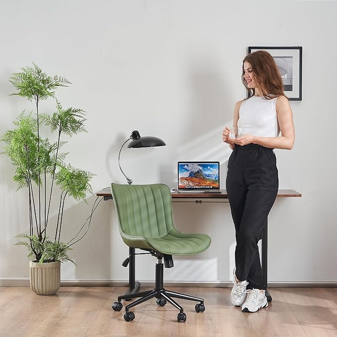 YOUNIKE Olive Green Office Desk Chair with Wheels Armless Compact Comfy Vanity Chair with Adjustable Back Modern Small Faux Leather Upholstered Swivel Cute Rolling Computer Task Chair No Arms