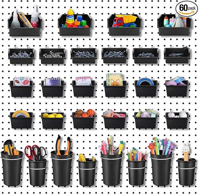 Roowest 60 Pcs Pegboard Cups Pegboard Bins Set, Wall Organizer with Hooks and Loops, Hooks Assortment Organizer Accessory for Office Storage Garage Craft Workshop(Black)