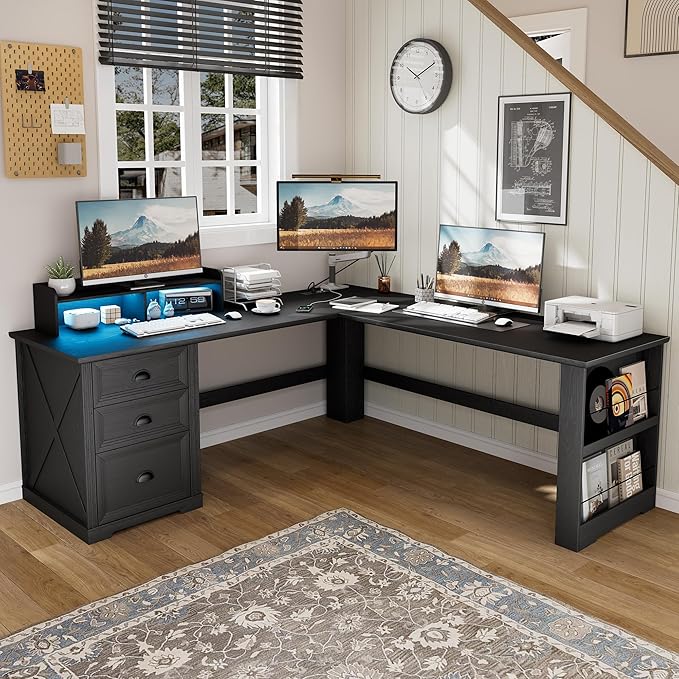 Lareth Executive L Shaped Desk with Monitor Stand, 59 inch Farmhouse Corner Computer Desk with Power Outlets & LED Lights, Home Office Desk with File Cabinet for Working Gaming Writing, Black