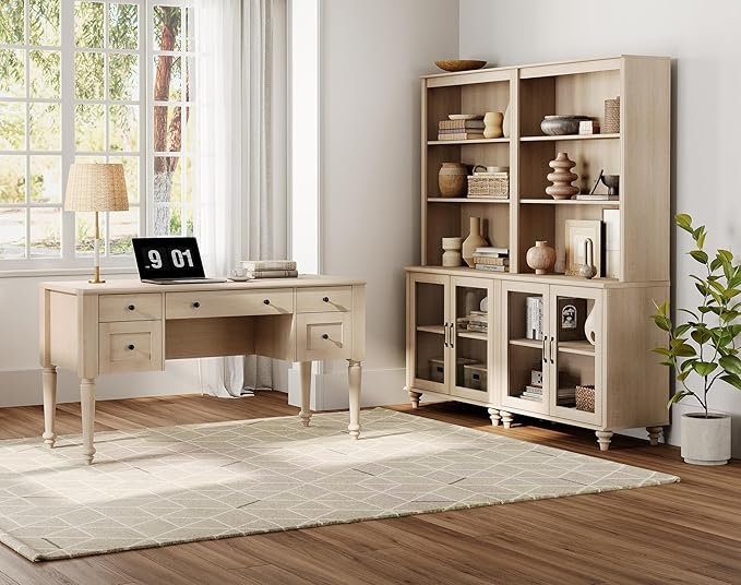 WAMPAT Home Office Furniture Set, 56'' Executive Desk with Charging Station, 72" Tall Bookcase with 4 Glass Doors, Wood Computer Desk with File Cabinet Storage, Open Shelf, Light Oak