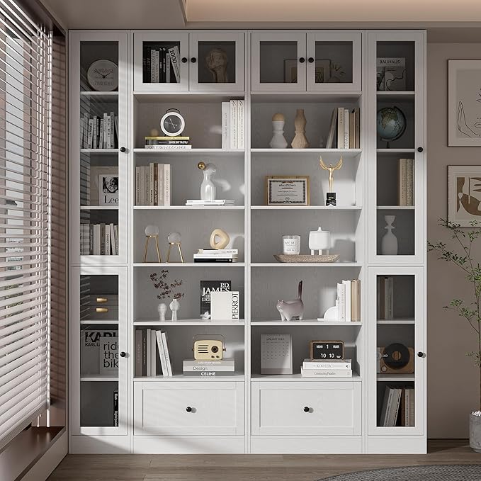 TUSY 85.5 Inch Tall Bookshelf with Doors - 7 Tier Bookcase with Glass Doors and Drawer, 23.6" Wide Storage Cabinet with Open Shelves for Living Room, White Book Shelf for Home Office, Study (D)