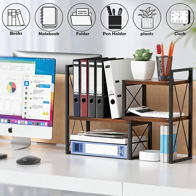 Desktop Shelf Organizer, Small Bookshelf for Office, Wood Shelves, Office Organization and Storage (Brown)