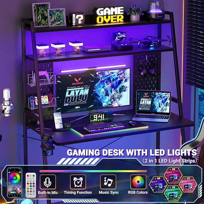 Besiost Small Gaming Desk with Hutch and LED Lights, Gaming Computer Desk with Power Outlets, Gamer Desk with Storage Shelves, Game Desks with Pegboards for Bedroom Small Spaces, Black, 43"