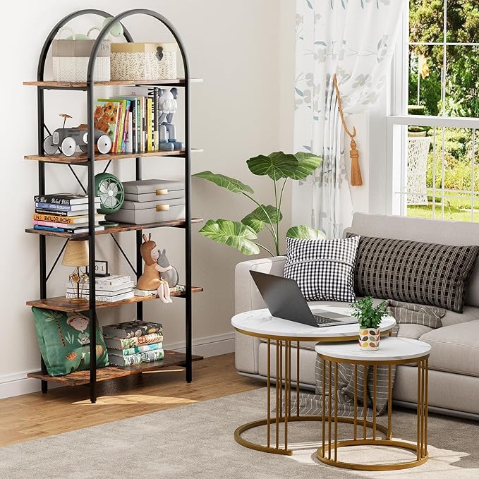 Arbuxzuy Arched Bookshelf 5 Tier Book Shelf, 31.5 Inch Width Industrial Arch Bookcase, Curved Tall Bookshelf with Open Shelves for Home Office, Living Room, Bedroom, Rustic Brown