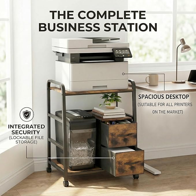 Printer Stand Featuring Fabric Drawers, Under Desk Host Computer Cabinet and Shredder Shelf, Heavy Duty Printer Stand with Storage Workstation Organization Printer Table for Home Office