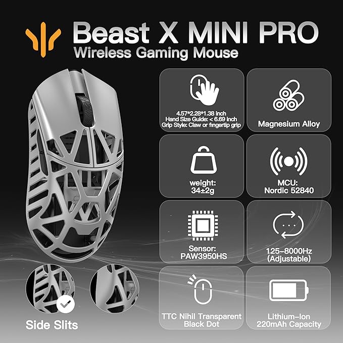WLMOUSE Beast X Mini Pro Ultra-Light 34g Magnesium Gaming Mouse, PAW3950 HS Sensor, 8K Polling Rate, 30000 DPI,OM & TTC Switches, Customizable Side Panels.(Silver(TTC Switch-Side Slits))
