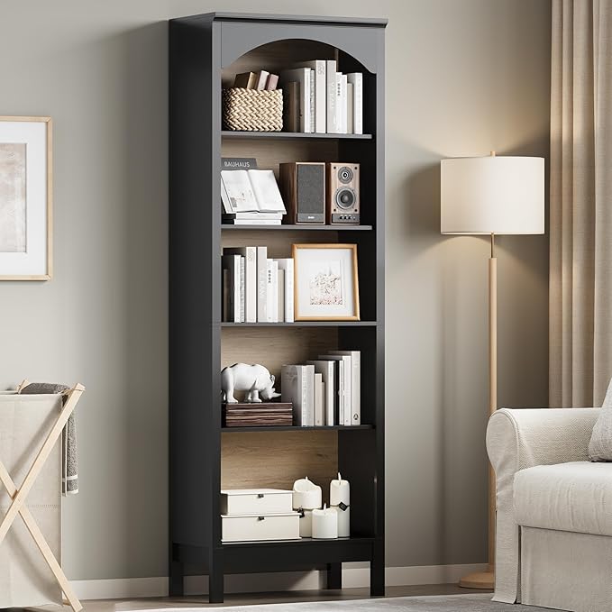 Arched Set of 2 Bookshelf with 5 Tier Open Shelves, 71" Tall Wood Bookcase with Adjustable Shelves, 24" Wide Floor Standing Display Storage Shelf for Home Office, Kitchen, Living Room, Modern Black