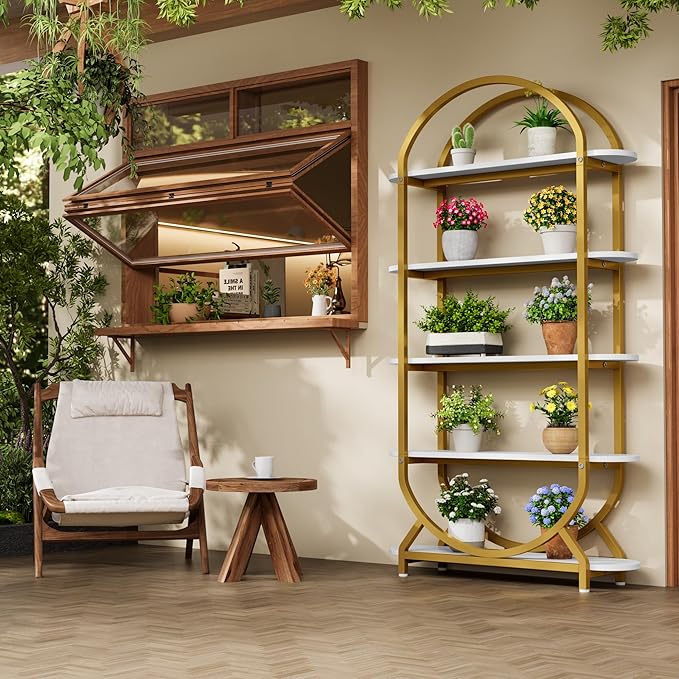 Jehiatek Arched Bookshelf Bookcase, 71 Inches Tall Industrial Book Shelf with Sturdy Metal Frame, E1 Quality Boards, Freestanding Display Shelving Unit, Gold
