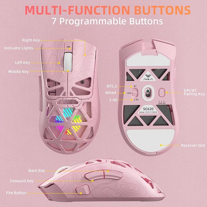 Aula SC620 Wireless Gaming Mouse, Tri-Mode 2.4GHz/USB-C/BT5.3 Computer Mouse with 12000 DPI, Programmable Macro Gamer Mouse with Rapid Fire Key, RGB Light Gaming Mice for PC/Laptop/Mac (Line Pink)
