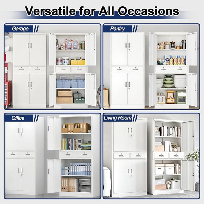 BESFUR Metal Storage Cabinet with 2 Drawers 4 Doors and 2 Adjustable Shelves Garage Storage Cabinet with Lock 71" Office Storage Cabinets Locking Cabinets for Garage Office Shop Home (White)