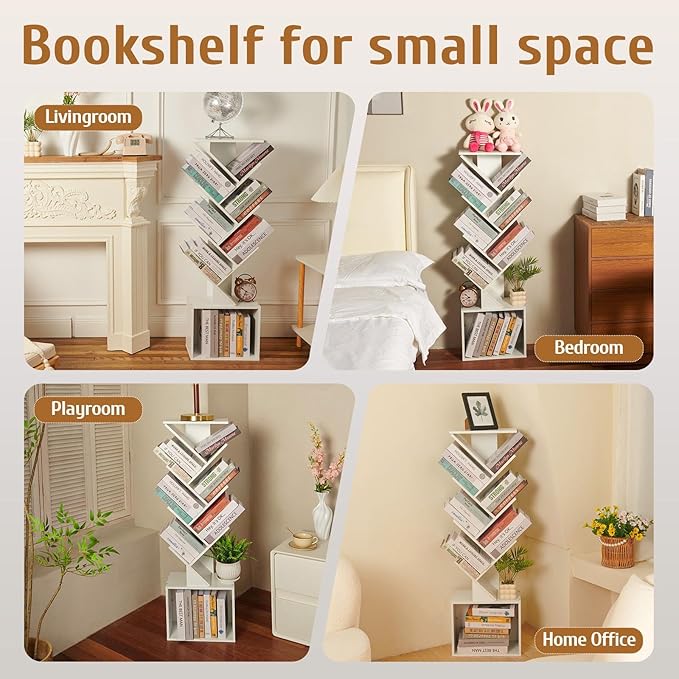 7 Tier Tree Book shelf, Small Bookcase with Reading Planner and Activity Panel, Modern Floor Standing Corner Tall Narrow Storage Cabinet Bookshelves for Home Office Bedroom Living Room (White)