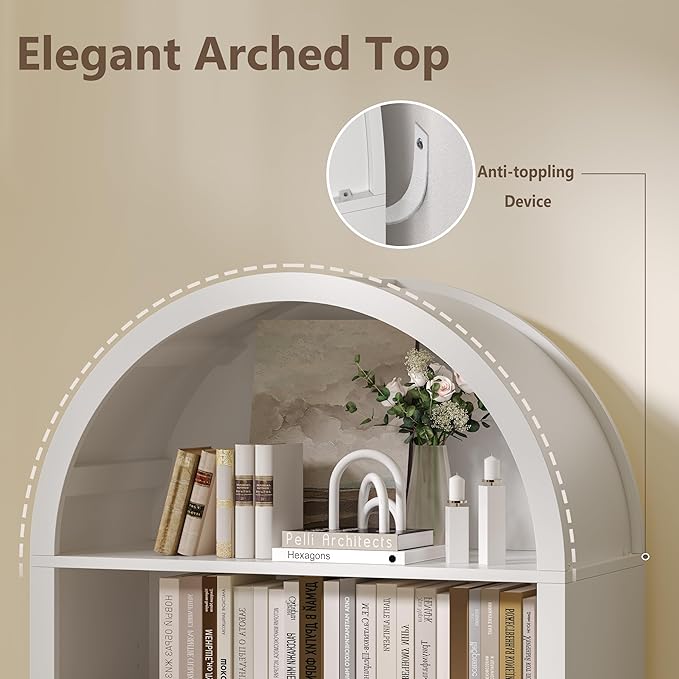 Wodeer Tall Arched Bookshelf, 7-Tier Bookcase with 3 Adjustable Shelves, Modern Farmhouse Storage Shelf for Living Room, Entryway, Office, 29.5" W x 70.1" H x 13.8" D, White