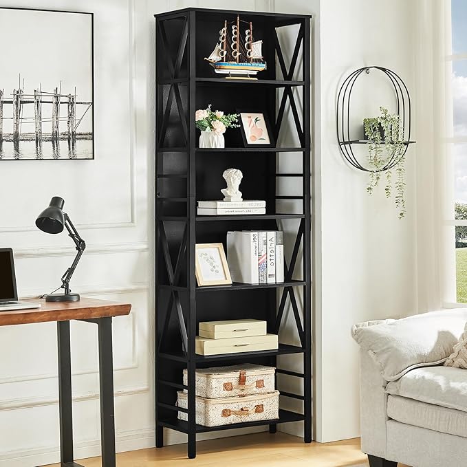 HOMISSUE Bookshelf, 7-Tier Bookshelf, Rustic Wood Metal Bookshelves and Bookcases, Freestanding Open Bookshelf, Industrial Tall Bookcase for Home Office, Living Room and Bedroom, Black