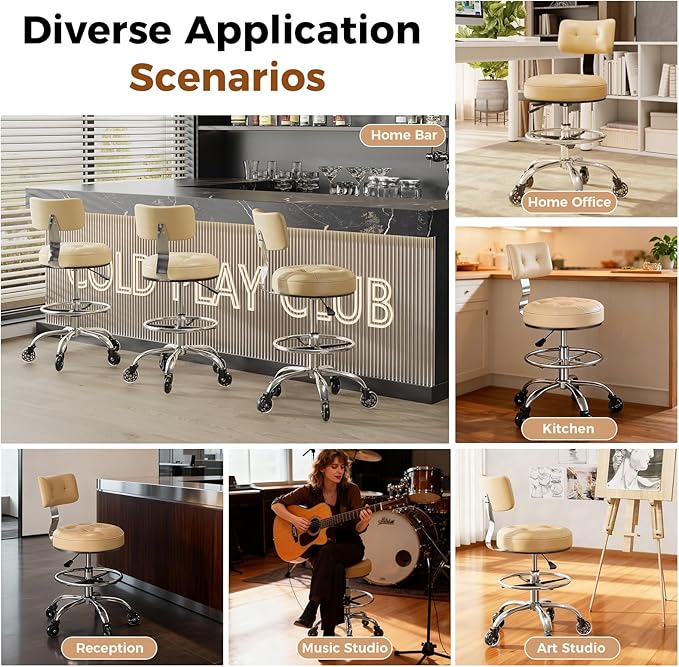 Office Drafting Chair with Footrest, Tall Height Adjustable Stool with Back Support, Heavy Duty Rolling Stool Chair with Wheels for Office Home Kitchen Bar Shop Guitar Studio Medical Vanity(White)