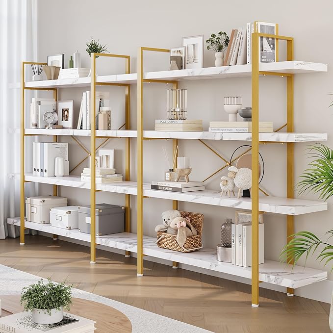 OtterOasis Bookshelf Set of 2, Heavy Duty 4-Tier Industrial Bookcase, 47" Wide Wood Bookshelf for Home Office, 120lbs Shelf Capacity, Open Display with Horizontal Shelf for Living Room Bedroom, White
