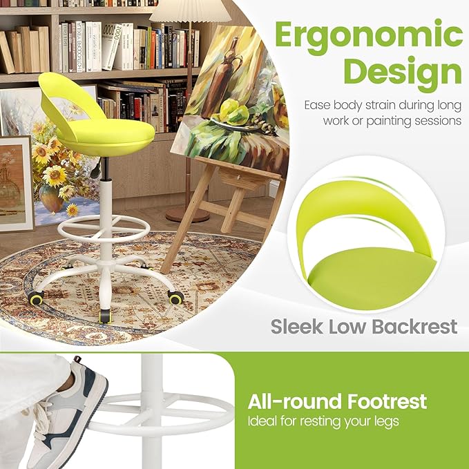 Giantex Drafting Chair Set of 2 with Back, Tall Office Chair with Footrest & Adjustable Height, Ergonomic Standing Desk Chair for Counter Height Desk, Home Kitchen, Green