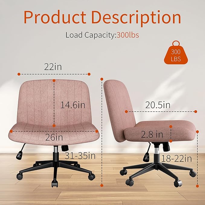 Meilocar Criss Cross Chair with Wheels, Cross Legged Office Chair, Armless Office Chairs Adjustable Height Swivel Tilting Fabric Vanity Chairs for Home Bedroom (Pink)