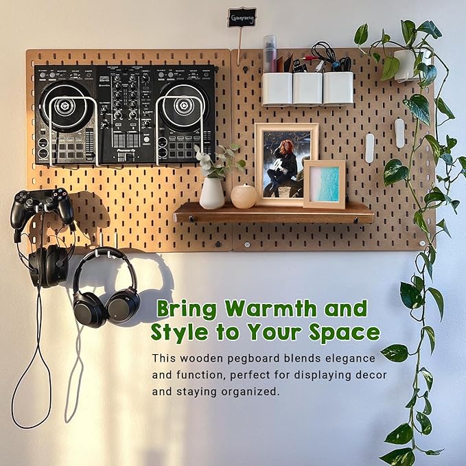 Walnut Color Pegboard Shelf, Pegboard Accessories, Wooden Pegboard Shelves with Pegboard Hooks, Compatible with IKEA Skadis Pegboard