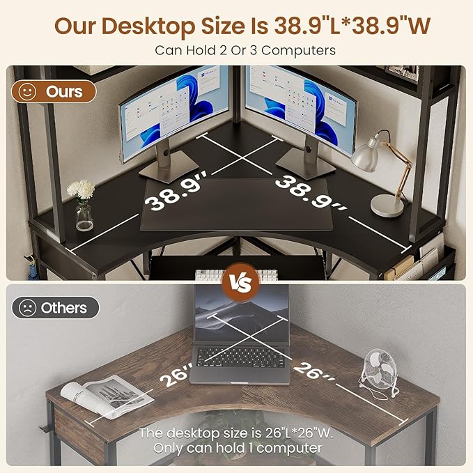 SEDETA Corner Desk, Small Computer Desk with Hutch & LED Lights, Triangle Corner Gaming Computer Desk with Keyboard Tray, Storage Bag, and Headphone Hook for Small Space, Home Office Desk, Black