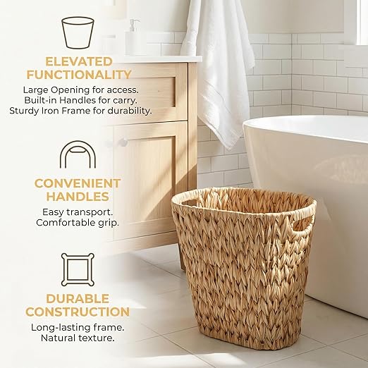 Pumtus Woven Trash Can, Waterproof Plastic Handwoven Waste Basket with Built-in Handles, 5 Gallon Bathroom Bedroom Garbage Container, Decorative Boho Storage Bin for Office, Kitchen, Laundry, Dorm