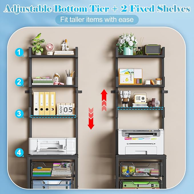Sbanmao 3-Drawer File Cabinet with 3 Shelves, 61" Tall Vertical Filing Cabinet for Home Office, Metal Mesh Drawers with Small Printer Stand, Fit for Letter Files, Black