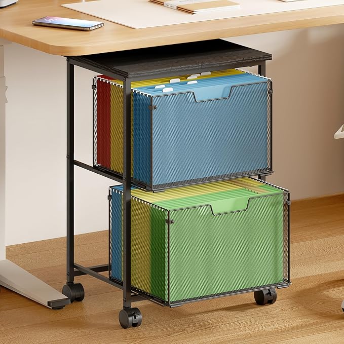 Sbanmao Letter/Legal Rolling File Cart with 2 Storage Drawers, Under Desk Storage, Vertical Filing Cabinet for Home Office, Hanging File Folders Organizer, Mobile Utility Cart Printer Stand, Black