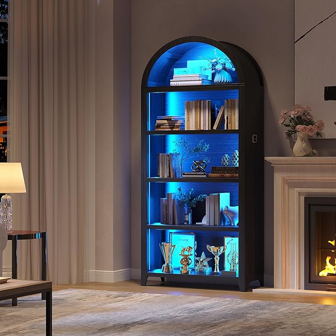 Arch Bookcase - 5 Tiers Bookshelf with 3 Colors LED Sensor Lights and Thickened Wooden Design Display Shelf for Lego Books Bathroom Living Room - Ideal Gift (Black)
