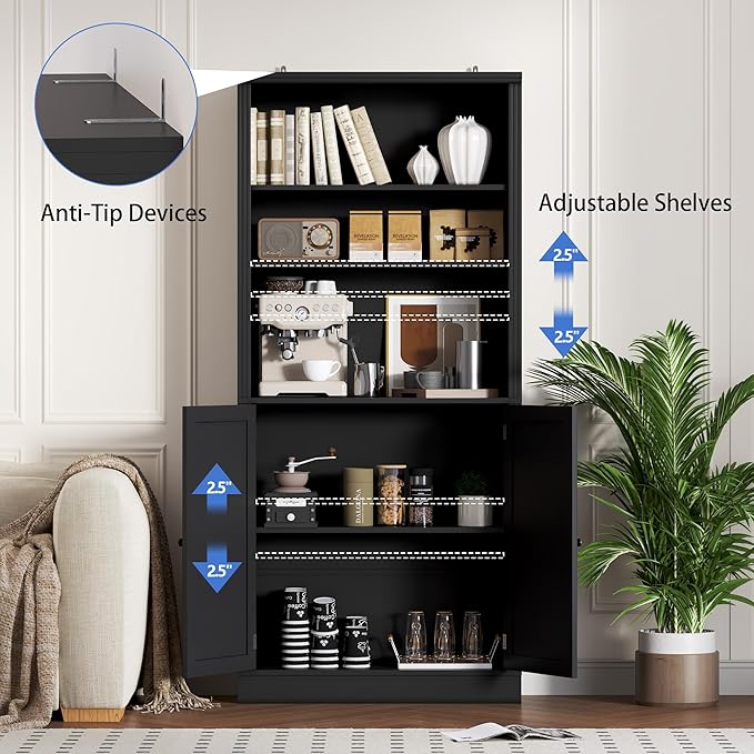 BORNOON 70.1" Tall Bookshelf with Cabinet, 5-Tier Floor Standing Bookcase with Doors & Adjustable Shelves, 31.5" Wide Storage Shelf, Metal Handles, Modern Organizer for Home Office, Living Room
