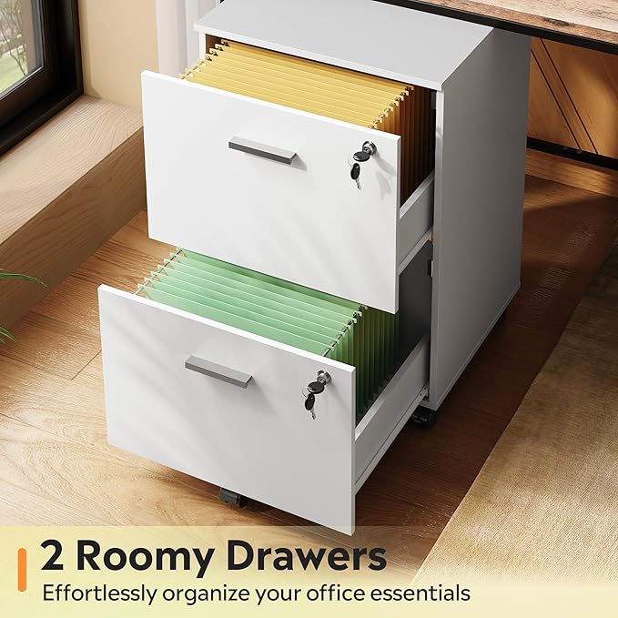 DEVAISE 2 Drawer File Cabinet, Mobile Printer Stand, Wood Filing-Cabinet fits A4 or Letter Size for Home Office, White