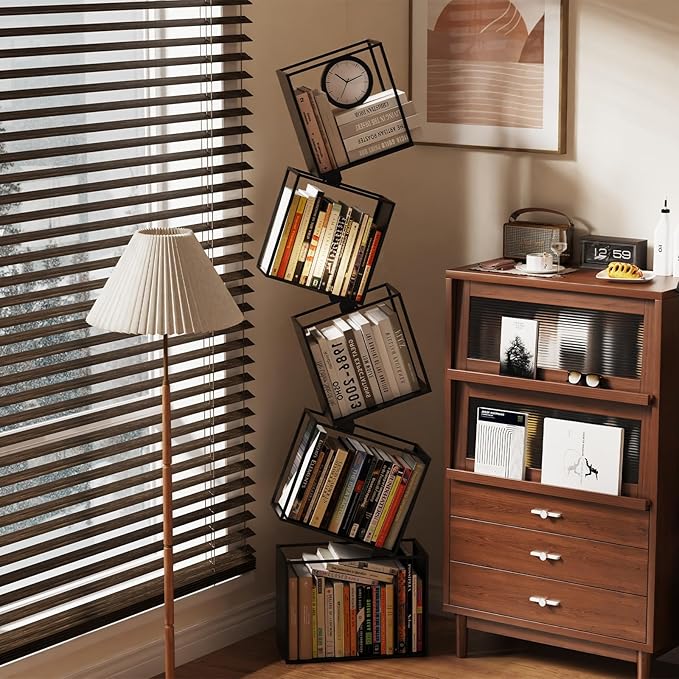 5-Tier Metal Geometric Bookshelf – Modern Narrow Floor Bookcase, Space-Saving Organizer for Living Room, Bedroom, Office, Corner – Black