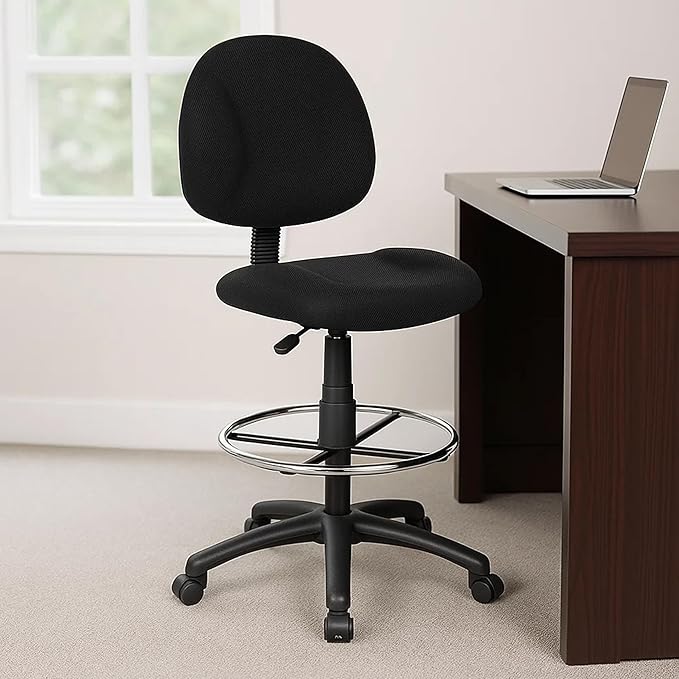 Benzara Jea Drafting Stool Chair, Black Tweed, Contoured Back and Footring