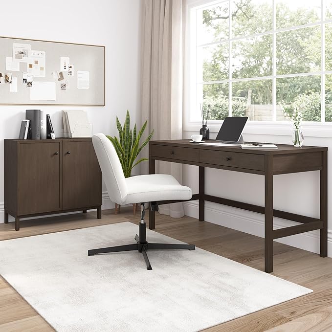 Bush Home 54-Inch Writing Desk with 2 Door Low Storage Cabinet, Computer Study Laptop Table Workstation, Drawers and Adjustable Shelves, Home Office Furniture Set, Avery Collection, Chocolate Birch