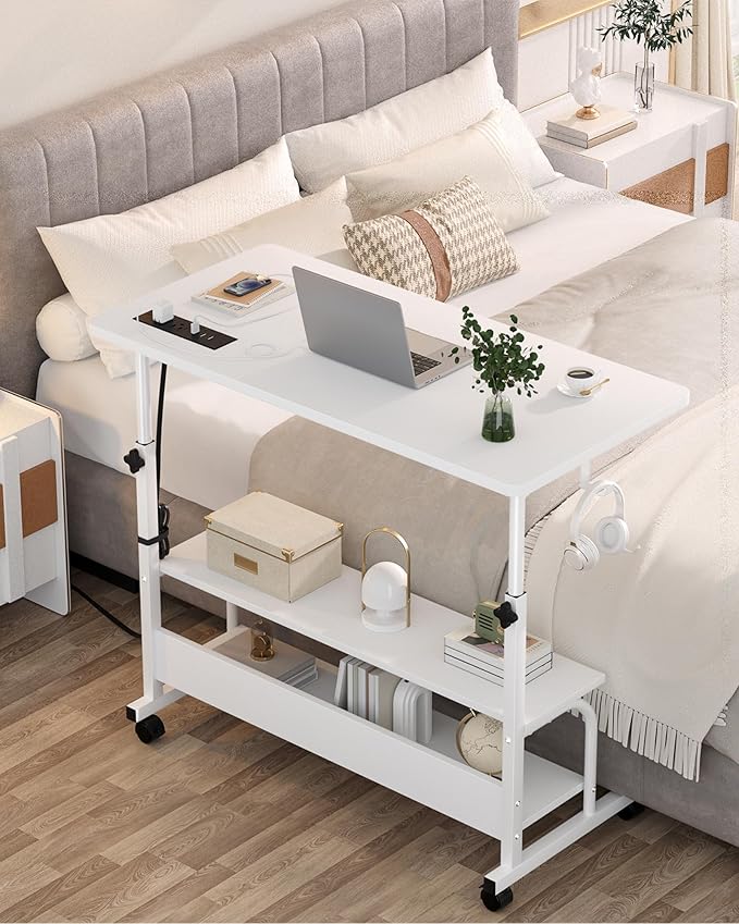 Armocity Rolling Standing Desk with Power Outlets, 32" Manual Height Adjustable Mobile Computer Desk with Wheels, Small Portable Sit Stand Laptop Couch Table for Bed & Sofa Home Office, Whtie