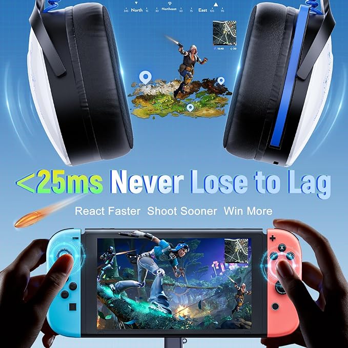 Ultra-Light Universal 3-in-1 Wireless Headset for PS5/PS4/PC/Switch/Xbox, 2.4G+BT5.3+Wired, <25ms Lag-Free, Breathable Pads, 7.1 Surround for FPS, NC Mic, 40H Play -White Blue