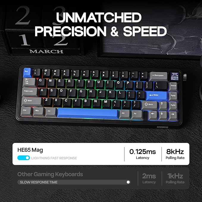 EPOMAKER HE65 Mag Wireless Magnetic Keyboard with Knob and Screen, 8K Polling Rate in 2.4Ghz and Wired, Actuation-Adjustable Hall Effect Switch, 8000mAh Battery, Creamy Gasket-Mount (Black)
