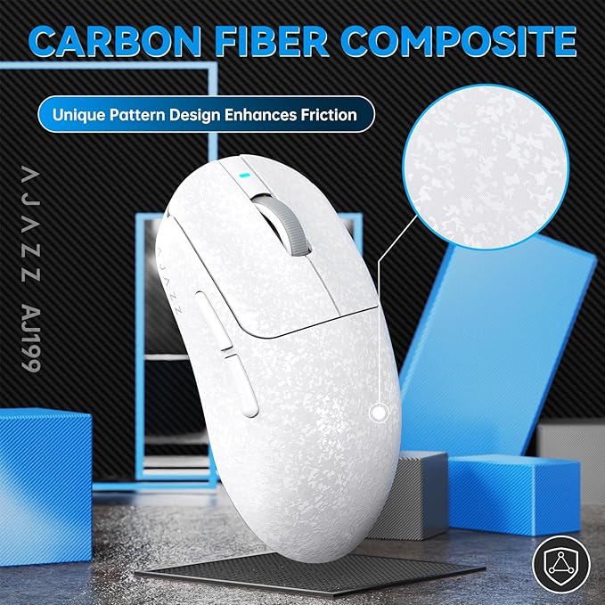A.JAZZ Ajazz AJ199 Wireless Gaming Mouse Ultra-Lightweight 55g Tri-Mode Connection 24000 DPI PAW3311 Sensor Carbon Fiber Shell 500mAh Battery 1K Polling Rate Durable & Anti-Slip Design White