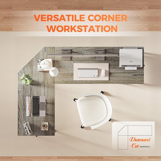 Mericonia 66 inch Large L Shaped Desk, Simple Corner Gaming Desk with CPU Stand & Hooks, Computer Desk for Home, Bedroom & Office Workspace, Grey