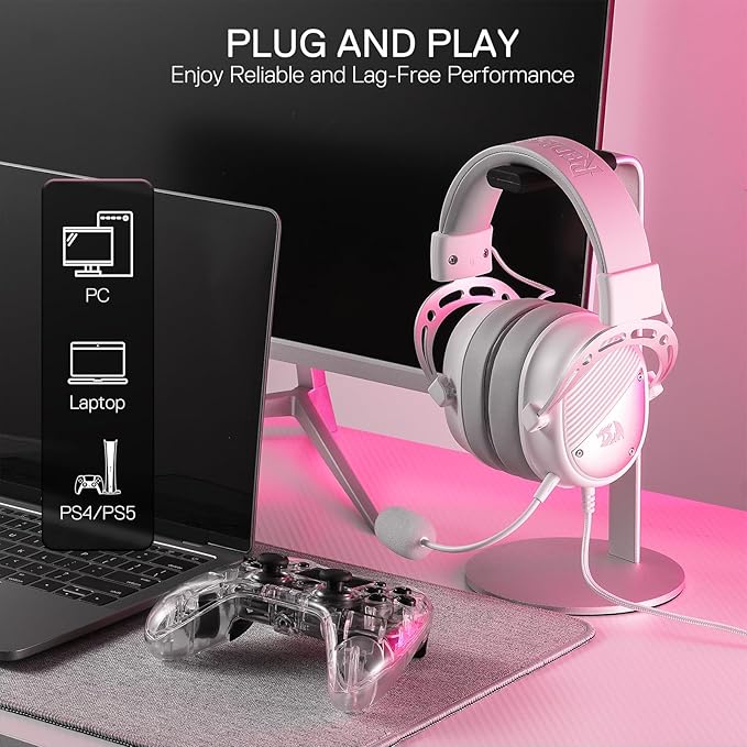 Redragon H730 USB Wired Gaming Headset - 53mm Drivers, 360° Spatial Sound, Detachable Noise-Canceling Microphone, Magnetic Replaceable Ear Cushions, Over-Ear Headphones Works for PC/PS4/PS5, White